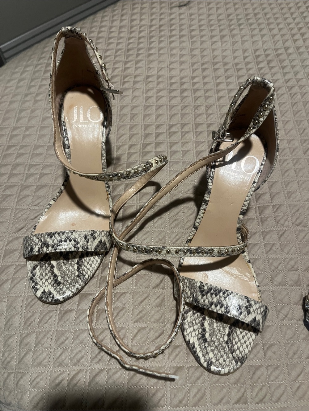 Jennifer Lopez Snake-Print Ankle Wrap Heels in Beige and Black
